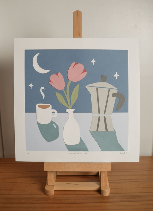 Midnight Coffee Paper Cut Illustration - Limited Edition: 12x12"